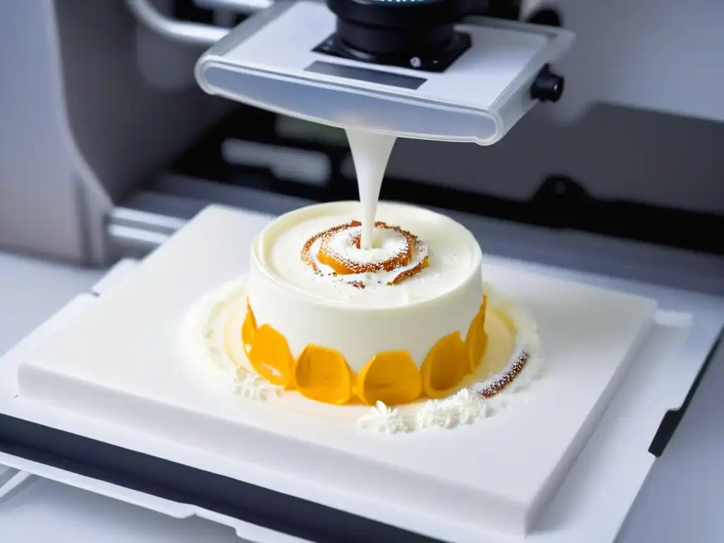 Detalle de una boquilla de impresora 3D creando diseño de postre intrincado, destacando la innovación en seguridad alimentaria impresión 3D