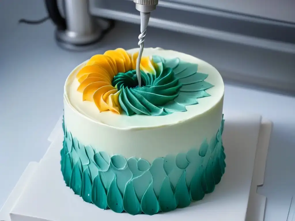 Detalle de boquilla de impresora 3D decorando una tarta con precisión y arte