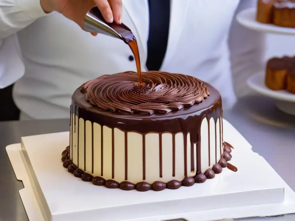 Detalle del brillante ganache de chocolate sobre un pastel espejo, resaltando la importancia de temperatura en repostería