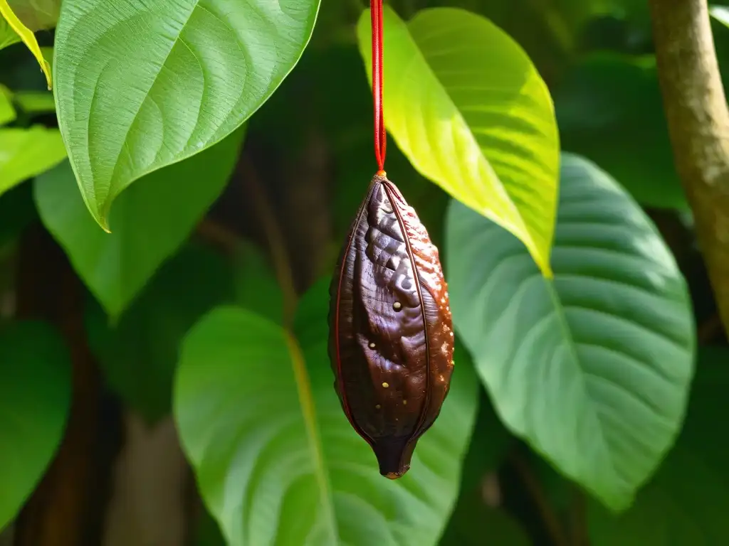 Detalle de un cacao maduro en un árbol, resaltando sus texturas e intensos verdes