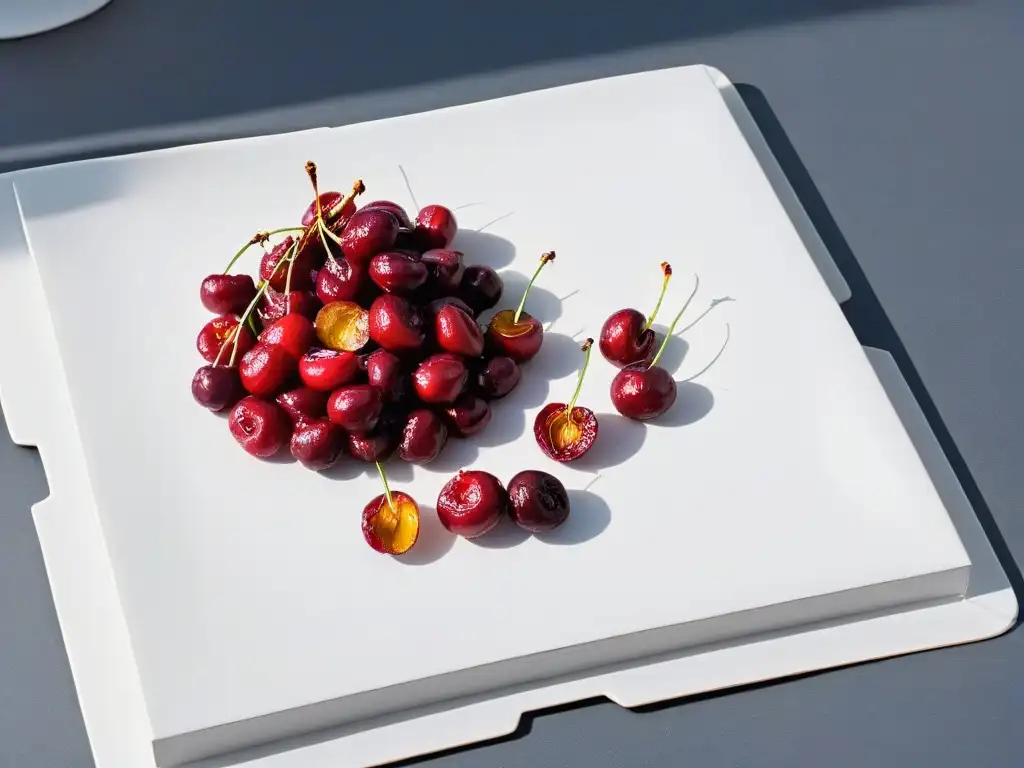 Dulce tentación: Detalle de cereza deshidratada en plato blanco Detalle de una cereza deshidratada en plato blanco, resaltando su textura arrugada y color rojo intenso