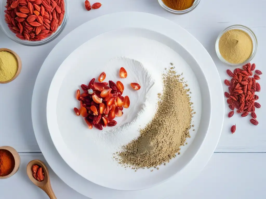 Detalle de una cocina minimalista con bayas de goji rojas y ingredientes de repostería