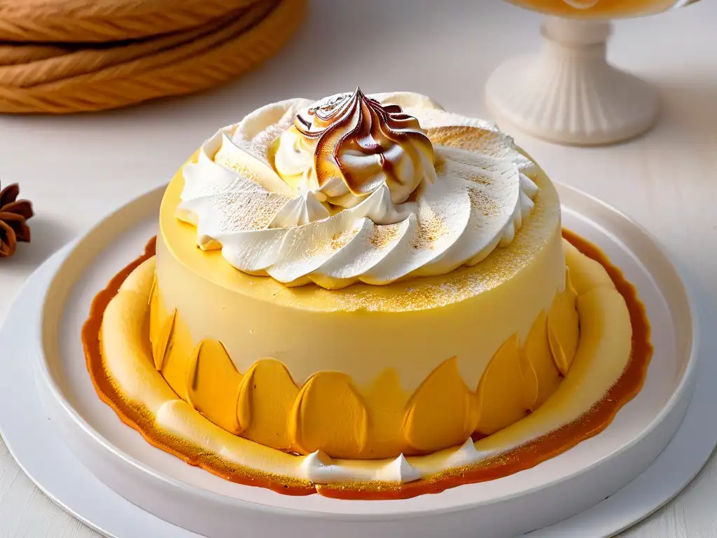Delicada capa dorada de merengue en Suspiro de Limeña Detalle completo del merengue dorado de un Suspiro de Limeña, con remolinos y picos, sobre canela