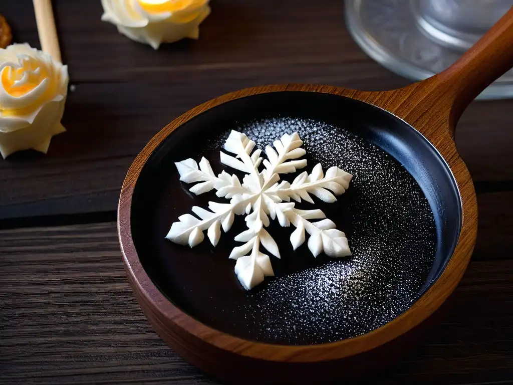 Detalle de un copo de nieve sobre cuchara de madera, simbolizando la belleza de recetas postres invierno fáciles