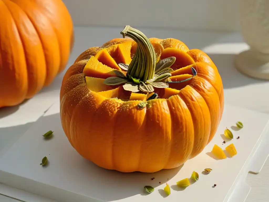 Detalles dorados: Calabaza abierta para Crema catalana Detalle de calabaza naranja cortada con semillas brillantes, ideal para Receta crema catalana calabaza