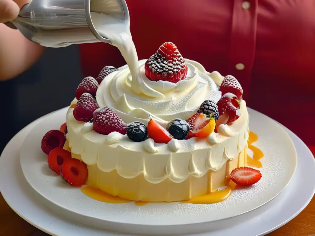 Detalle de una crema montada con sifón sobre una tarta de frutas, mostrando el uso de sifones de cocina