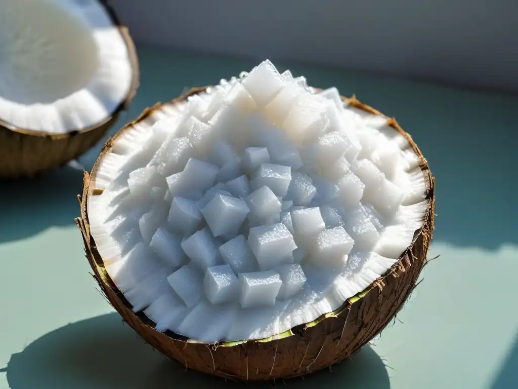Cristal de azúcar de coco: pureza natural Detalle de cristal de azúcar de coco blanco, resaltando su textura y estructura cristalina, perfecto para endulzantes naturales repostería vegana