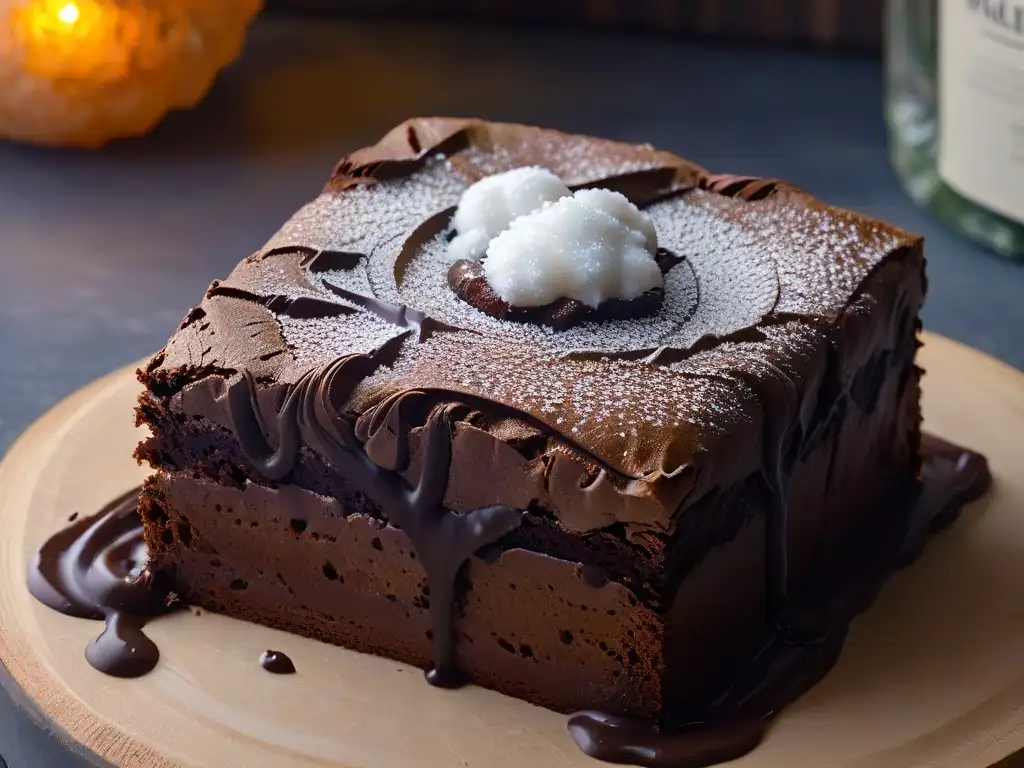 Detalle de un cristal de sal marina sobre un brownie de chocolate, resaltando la importancia de la marca repostería