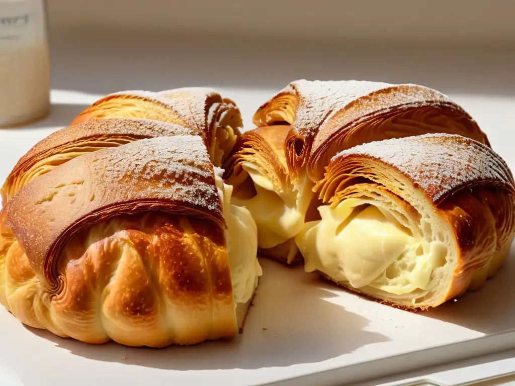 Detalle de un croissant dorado dividido, mostrando sus capas y textura gracias a las grasas