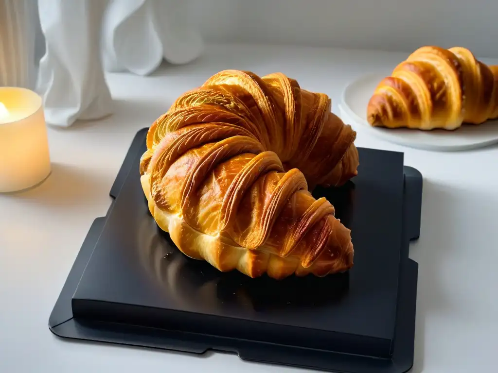 Detalle de un croissant dorado y escamoso, recién horneado, con capas visibles de masa mantecosa brillando a la luz