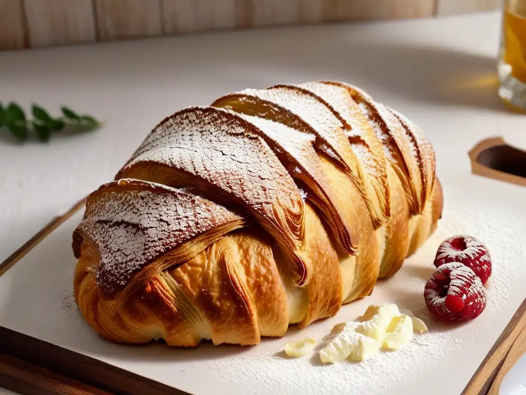 Detalle de un croissant dorado y escamoso, con textura perfecta resaltada por la importancia de las grasas en repostería