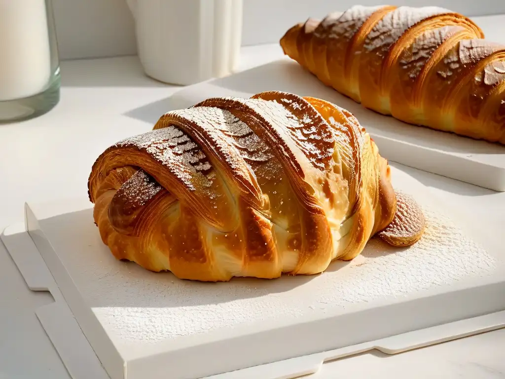 Delicada croissant francés dorado con capas y azúcar en polvo Detalle de un croissant francés recién horneado, con una costra dorada perfecta y capas delicadas, ideal para repostería clásica en festivales