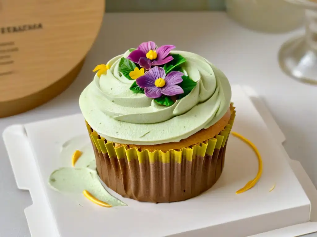 Detalle de un cupcake decorado en embalaje ético para repostería sostenible