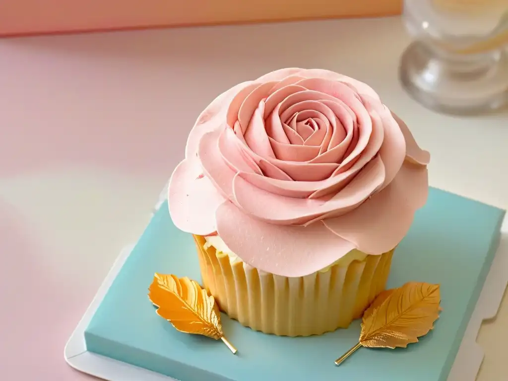 Detalle de un cupcake de rosa con frosting rosa y detalles dorados, en un fondo pastel