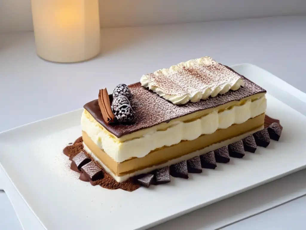 Tiramisú descontruido: detalle sofisticado en plato blanco Detalle de Tiramisú deconstruido con capas de bizcochos de café, mascarpone y cacao, reinventando postres clásicos con tendencias actuales