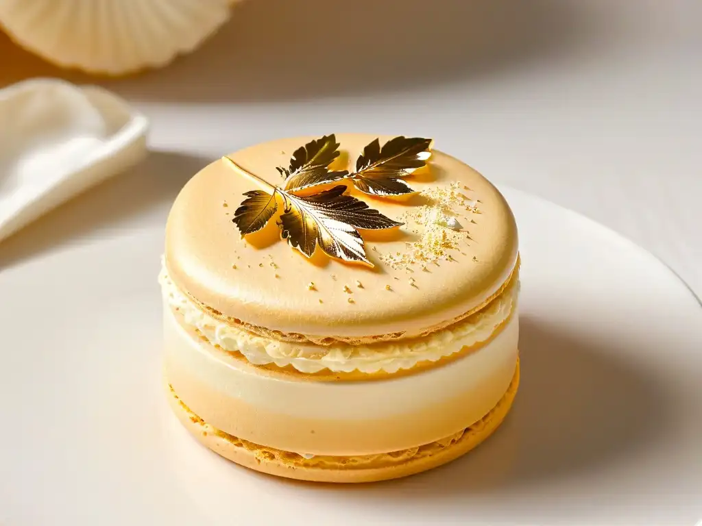 Detalle de un macaron decorado con pan de oro pastelería, resaltando su elegancia y lujo