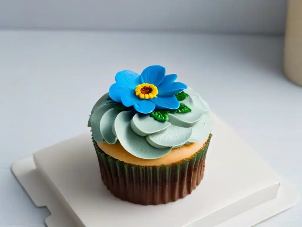 Detalle delicado de un cupcake con flor comestible, en plato blanco