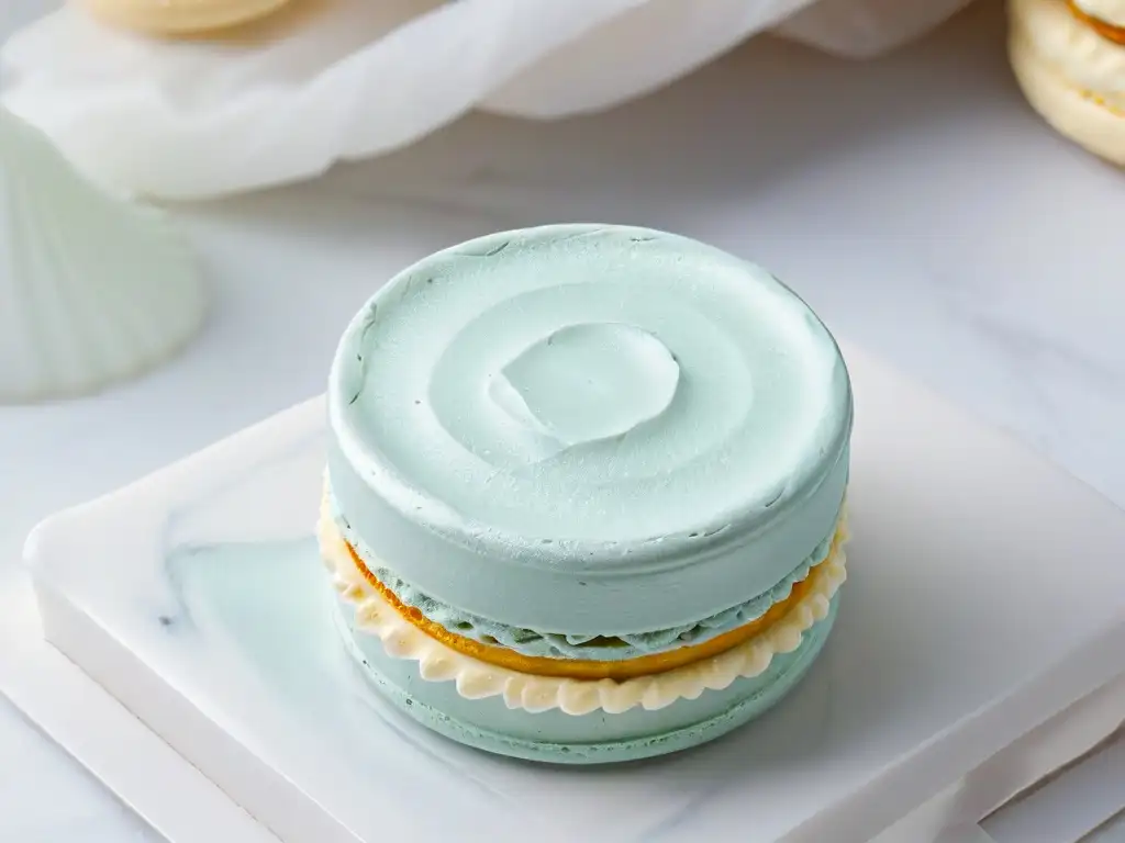 Exquisito macaron francés: detalle y color en mármol blanco Detalle de un delicado macaron perfectamente horneado sobre mármol blanco, revelando secretos para hacer macarons perfectos
