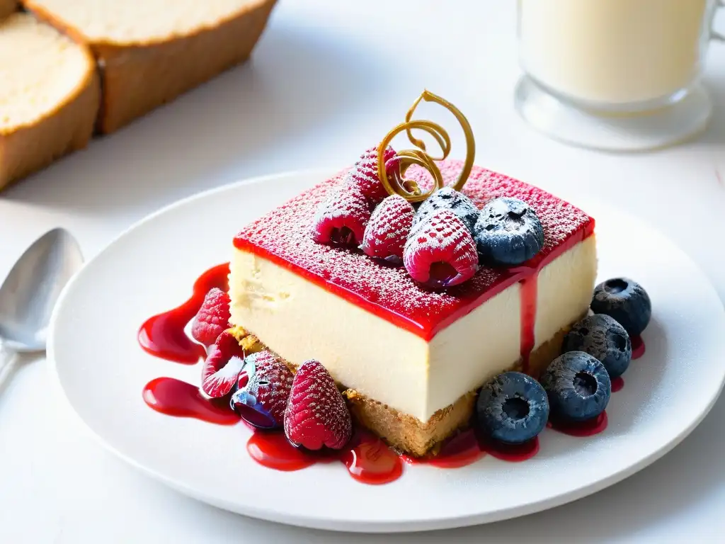 Detalle de una deliciosa tarta de queso desestructurada con capas de relleno cremoso, crujiente base de galleta y salsa de frambuesa