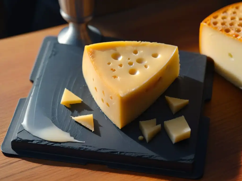 Detalle dorado de queso Manchego en tabla de pizarra, resaltando sus texturas