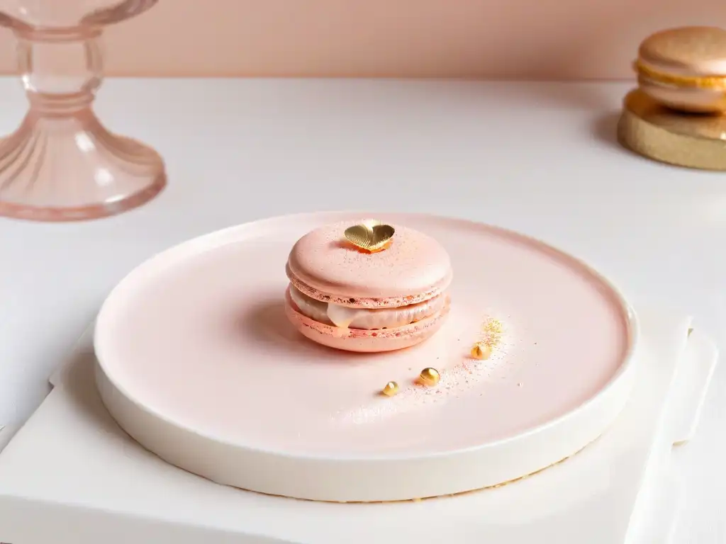 Detalle elegante de un macaron rosa con brillo dorado sobre plato blanco