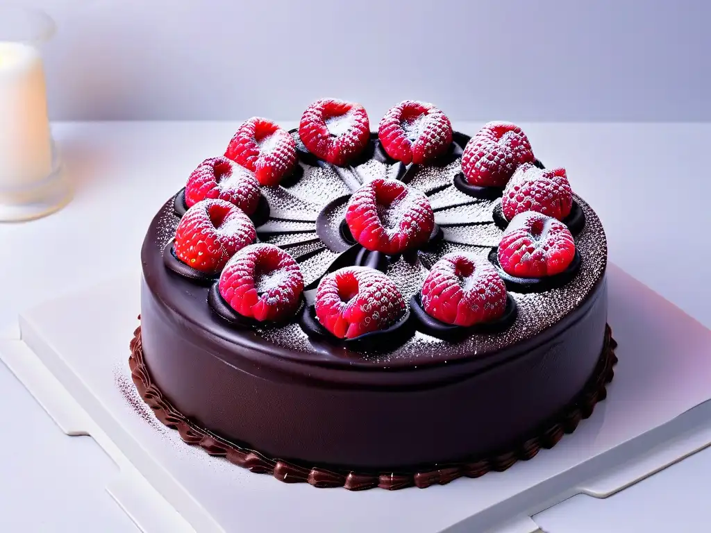 Delicada espiral de espuma de frambuesa sobre tarta de chocolate negro Detalle de una elegante espuma de frambuesa sobre una tarta de chocolate, destacando la repostería moderna