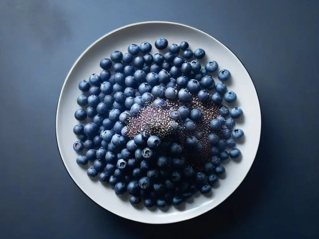 Deliciosa blueberry y chía en plato blanco Detalle elegante de una jugosa mora azul sobre un plato blanco, rodeada de semillas de chía