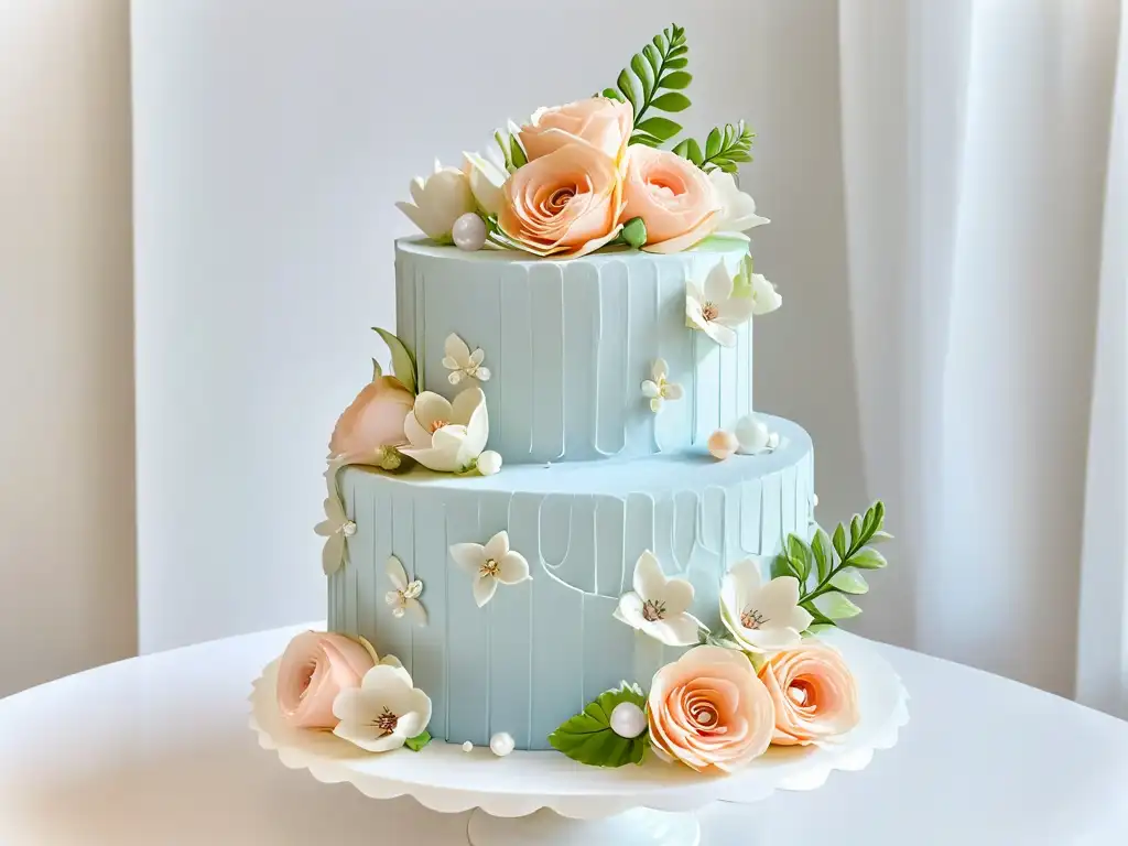 Detalle elegante de pastel de bodas con encaje de fondant en tonos pastel y flores de azúcar