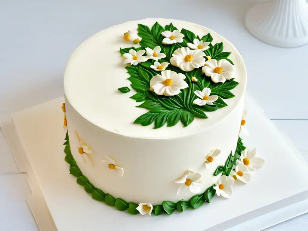 Detalle de elegante pastel de fondant sin gluten casero con decoraciones precisas y delicadas de flores, hojas y remolinos