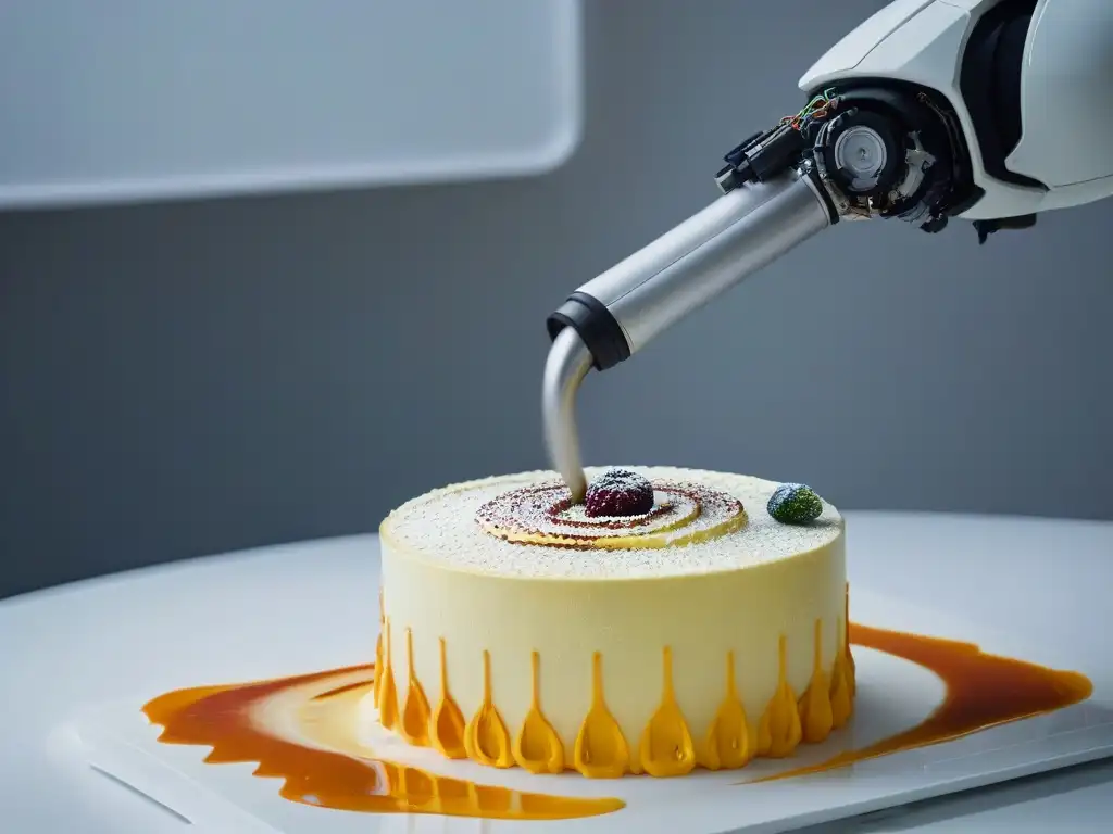 Detalle de una elegante robótica en personalización de postres con precisión y elegancia futurista