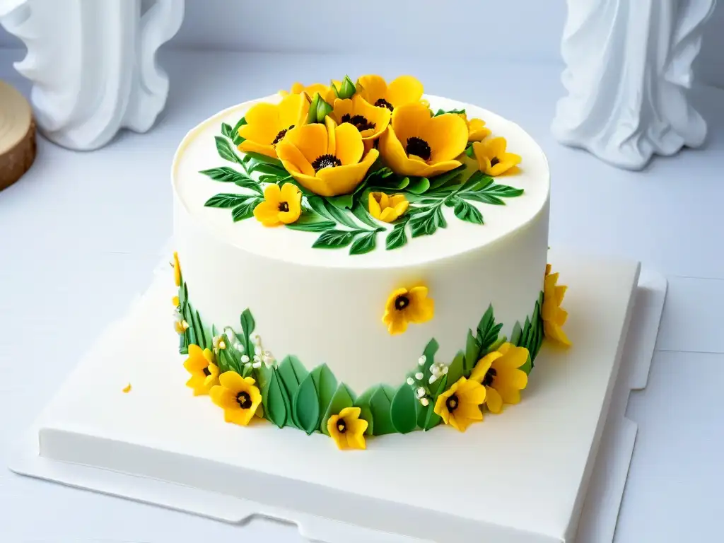 Pastel fondant con impresión comestible: arte en repostería Detalle de una elegante tarta fondant blanca con decoraciones florales impresas en colores vibrantes