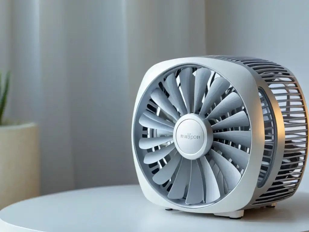Detalle de un elegante ventilador plateado en movimiento, ideal para enfriar repostería