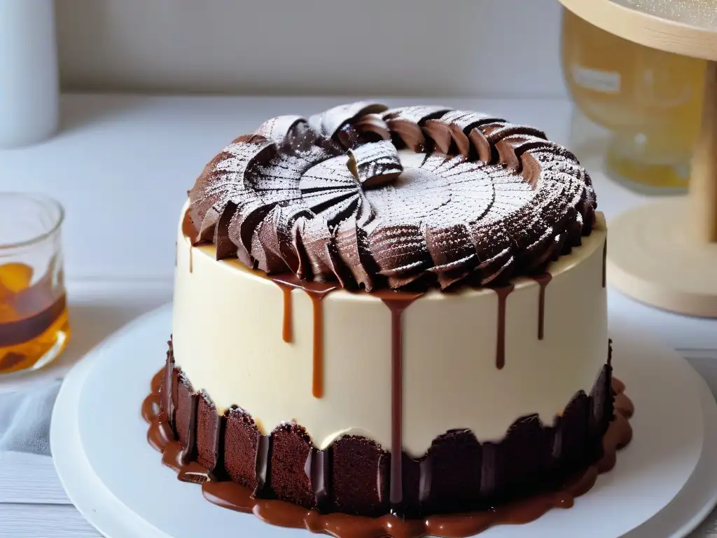 Detalle de emulsiones en repostería nivel superior: salsa brillante sobre un pastel de chocolate decadente