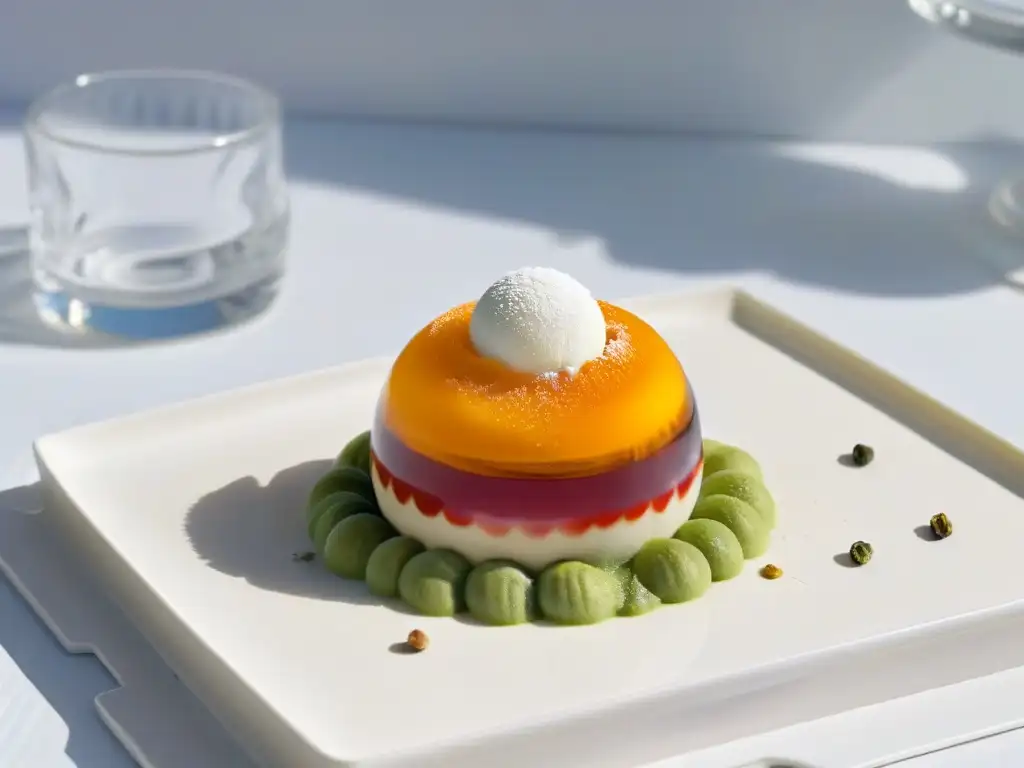 Detalle de esfera de postre de gastronomía molecular, obra de arte en colores y texturas vibrantes