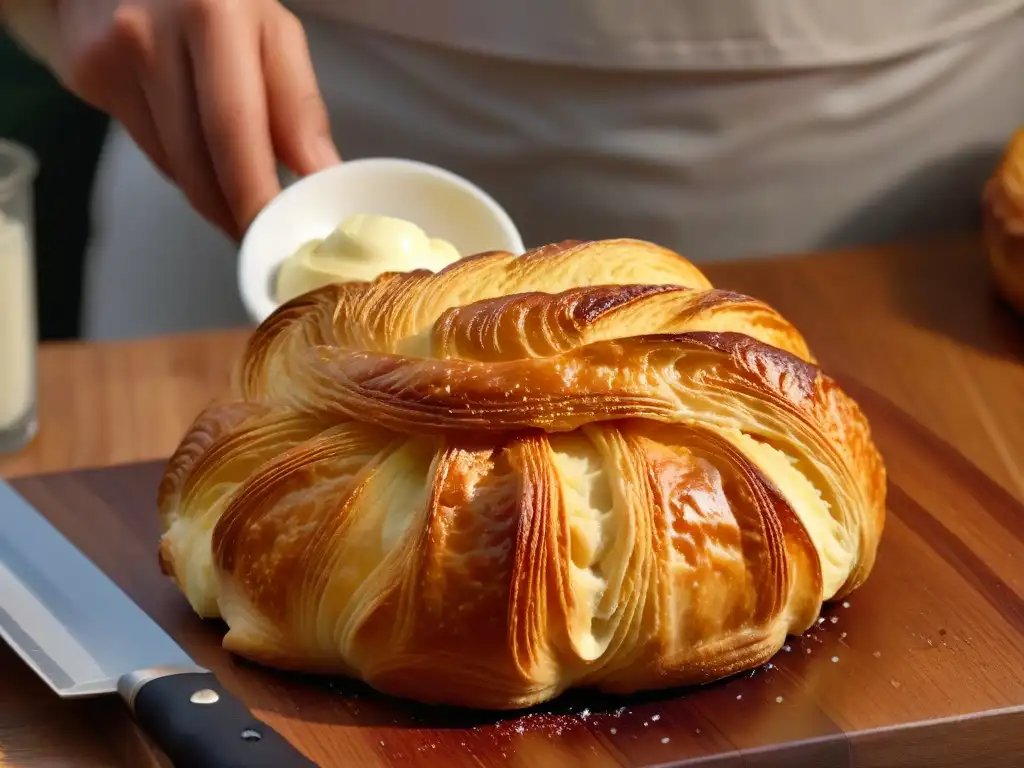 Delicioso croissant dorado: arte en cada capa Detalle excepcional de un croissant dorado y mantecoso, creado con precisión por un hábil panadero