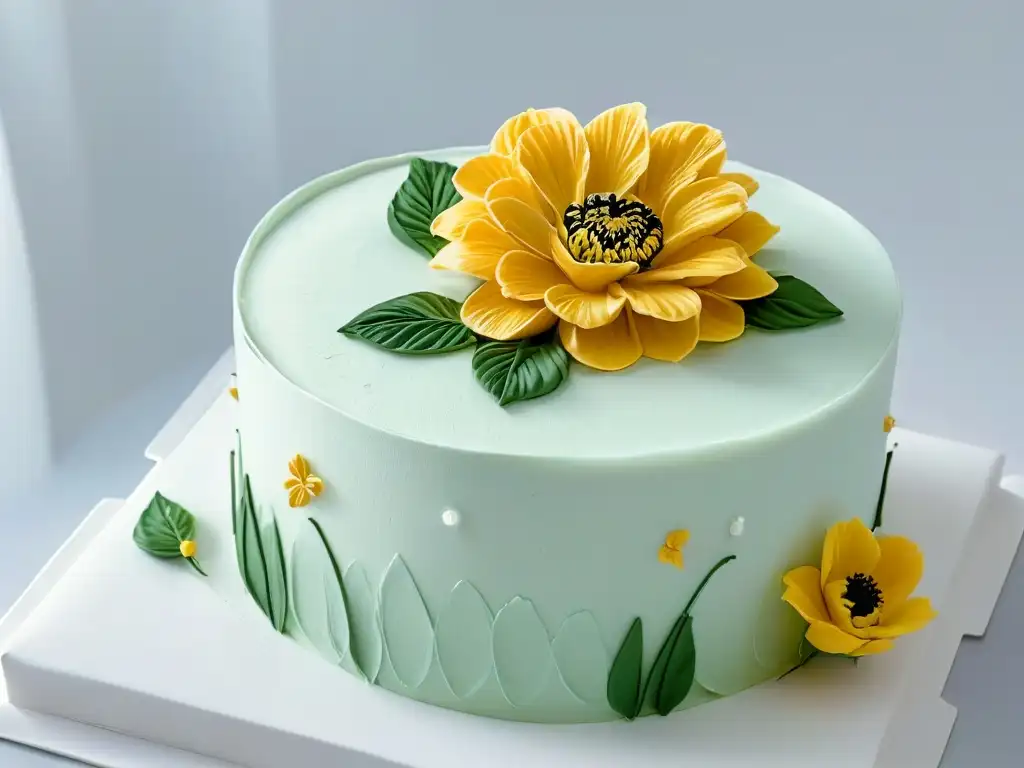 Detalle excepcional de una flor de azúcar en una elegante tarta blanca