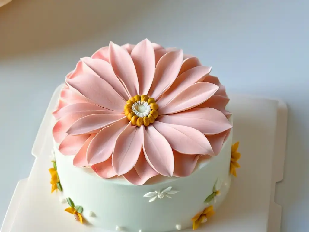 Detalles florales de fondant: perfección en rosa y blanco Detalle excepcional de una flor de fondant en tonos pastel rosa y blanco, resaltando técnicas avanzadas decoración tortas fondant