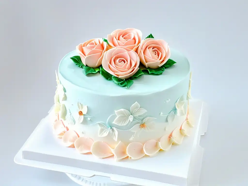 Detalle excepcional de una rosa de fondant en un elegante pastel blanco, reflejo del arte de la repostería clásica