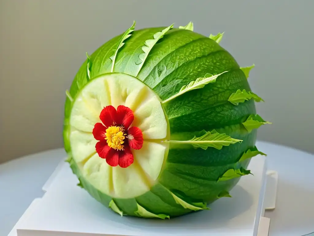 Detalle excepcional del tallado de sandía en forma de flor, resaltando la precisión y creatividad de las técnicas tallado frutas verduras postres