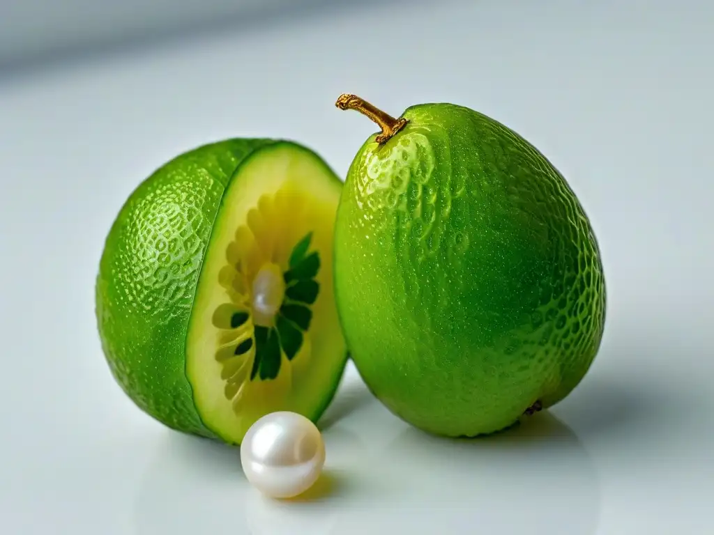 Finger Lime: Exóticas perlas verdes en closeup Detalle de un exótico Finger Lime verde con perlas caviar, en fondo blanco