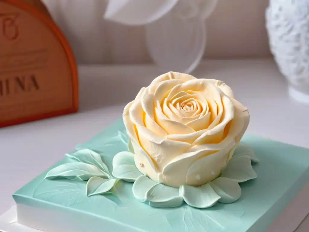 Detalle experto: manos de un chef decorando una rosa de fondant