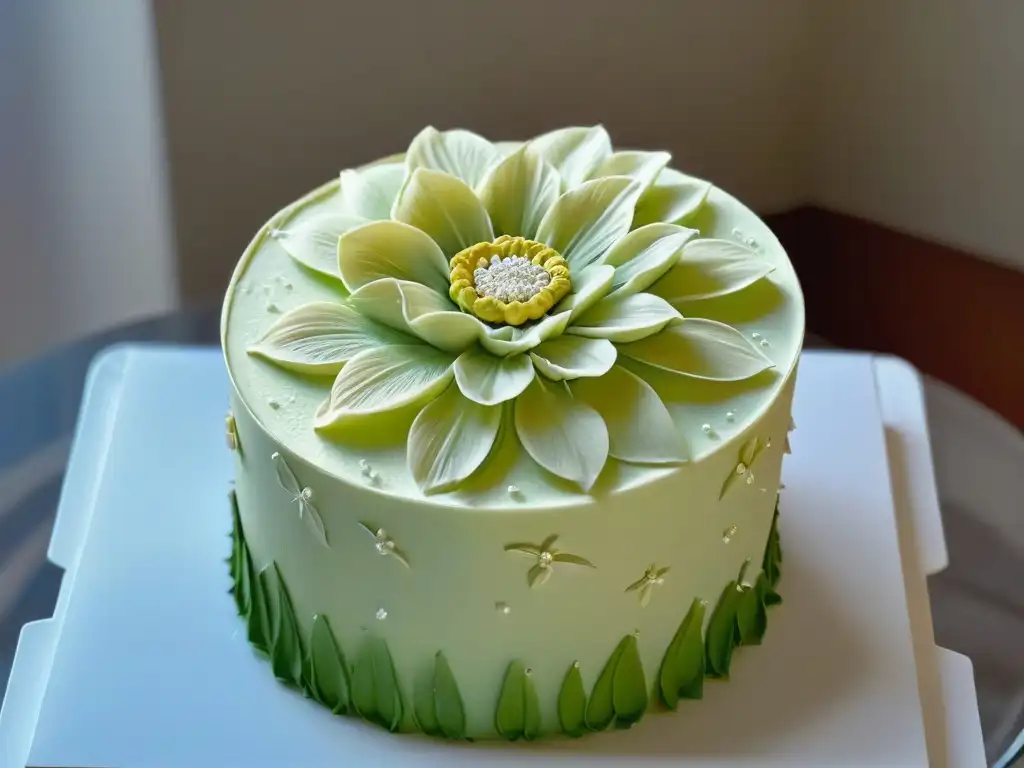 Detalle de una exquisita flor de azúcar elaborada por maestros repostería gourmet mundial