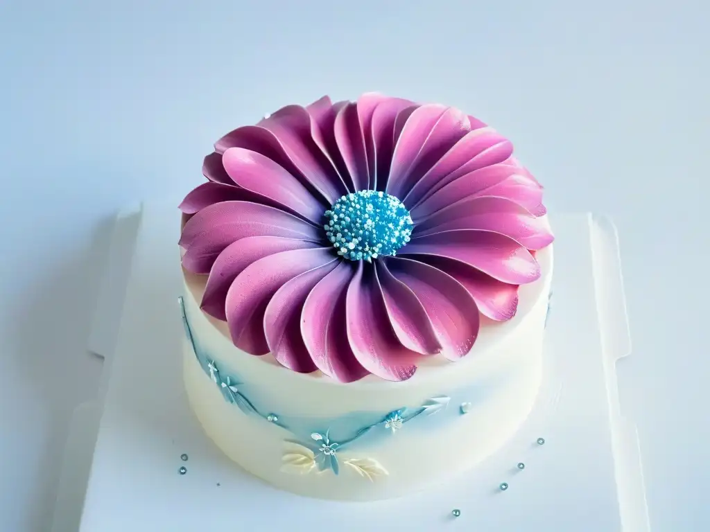 Detalles de una flor de azúcar: arte y elegancia Detalle de una exquisita flor de azúcar en una elegante tarta blanca
