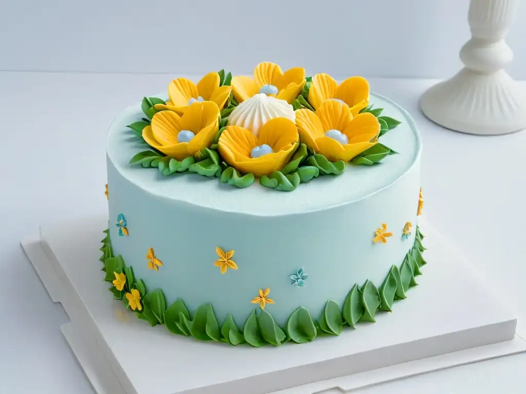 Detalle de una exquisita torta decorada con flores pastel, resaltando los Beneficios de la repostería comunitaria