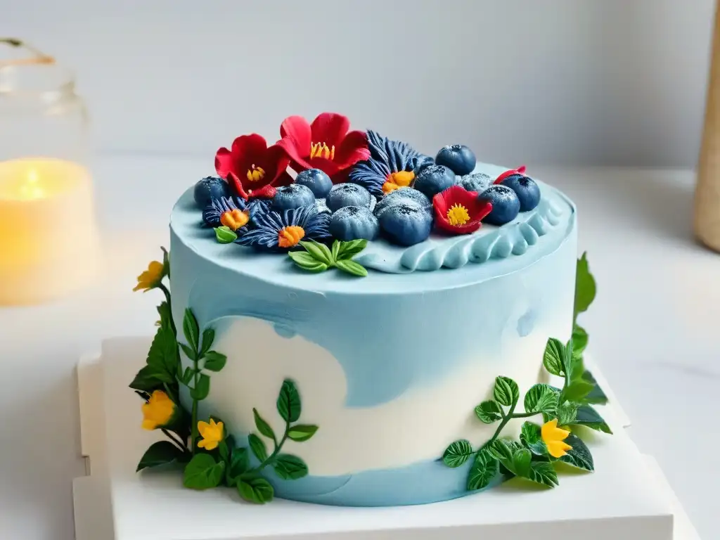 Detalle exquisito de un adorno de pastel vegano impreso en 3D con jardín floreciente