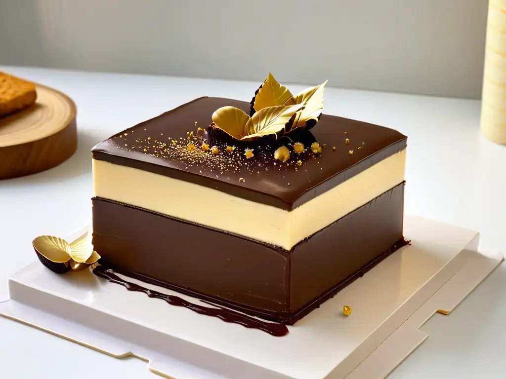 Detalle de exquisito Opera Cake con capas de bizcocho, crema de café y ganache de chocolate, decorado con láminas de oro