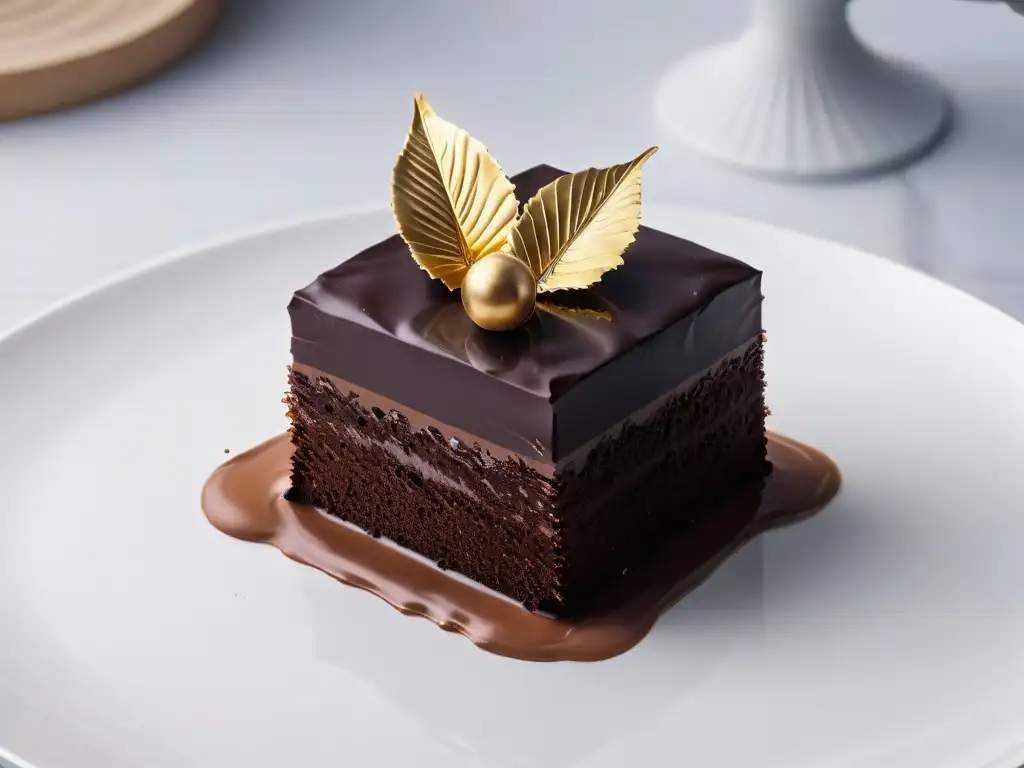 Detalle exquisito de chocolate gourmet con hojas de oro en elegante plato blanco