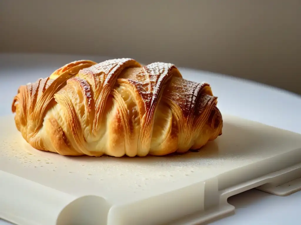 Detalle exquisito de un croissant dorado recién horneado, resaltando las técnicas fundamentales de repostería para principiantes