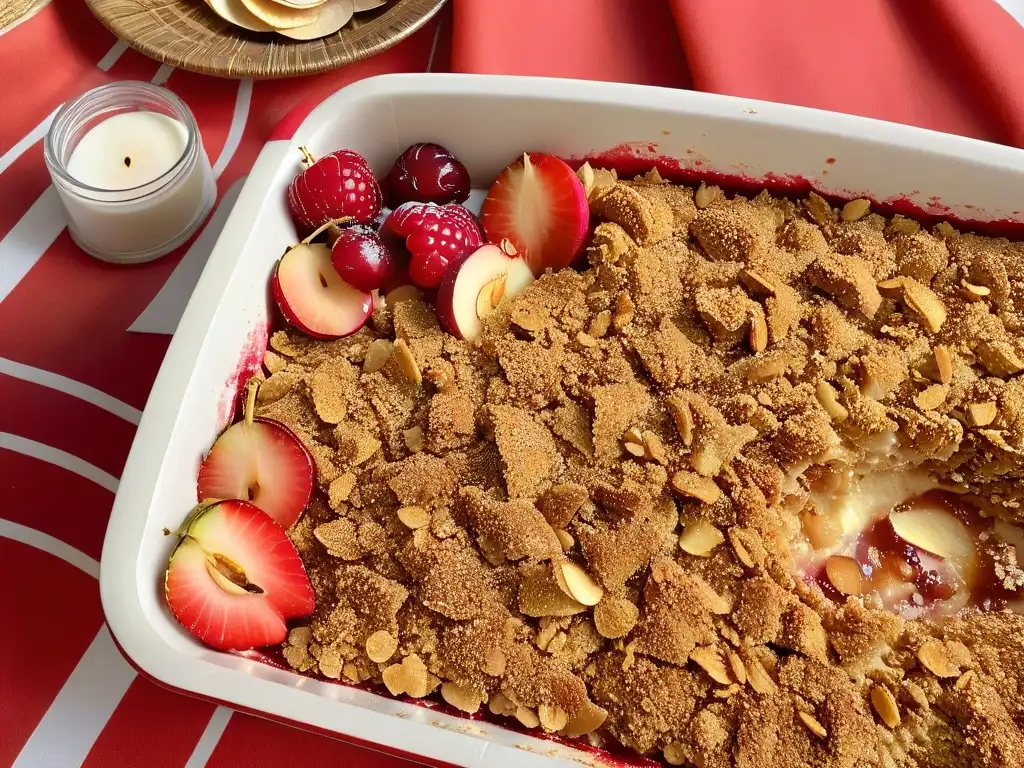 Detalle exquisito de un crujiente crumble dorado sobre frutas rojas y manzanas