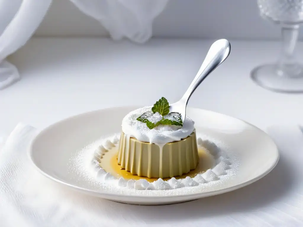 Detalle exquisito de cuchara de postre adornada con cristales de azúcar, transmitiendo la esencia de reducción azúcar postres sabor